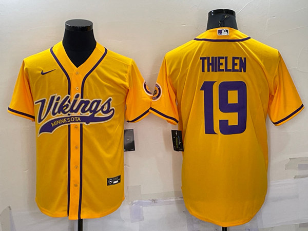 Men's Minnesota Vikings #19 Adam Thielen Yellow With Patch Cool Base Stitched Baseball Jersey