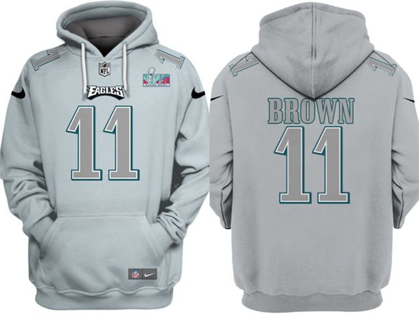 Men's Philadelphia Eagles #11 A.J. Brown Gray Atmosphere Fashion Super Bowl LVII Patch Pullover Hoodie