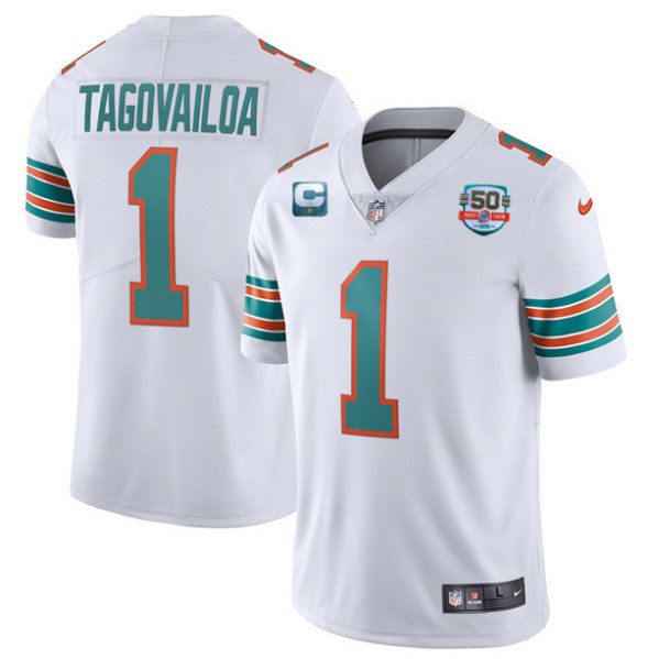 Men's Miami Dolphins Customized White With 1-star C Patch 50th Perfect Season Patch Stitched Jersey