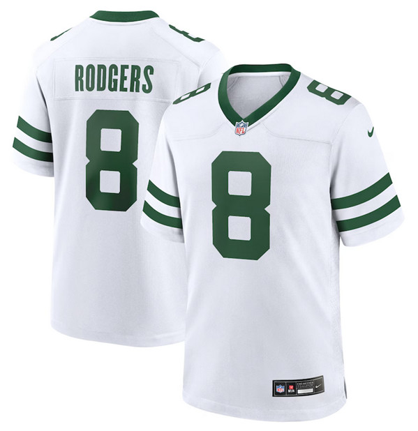 Men's New York Jets #8 Aaron Rodgers White Throwback Stitched Game Jersey