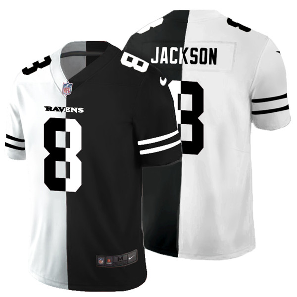 Men's Baltimore Ravens #8 Lamar Jackson Black White Split 2020 Stitched Jersey