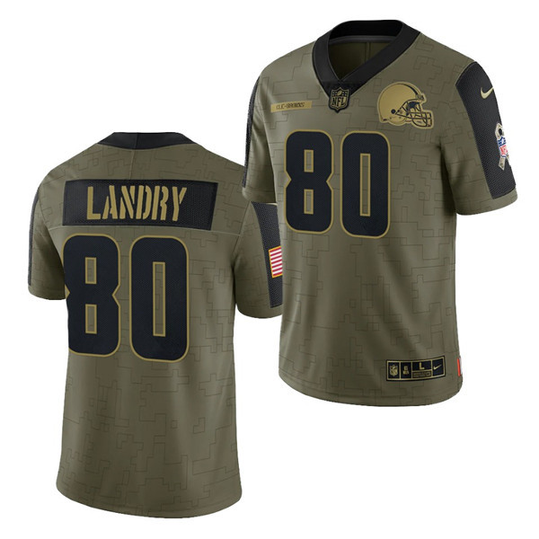 Men's Cleveland Browns #80 Jarvis Landry 2021 Olive Salute To Service Limited Stitched Jersey