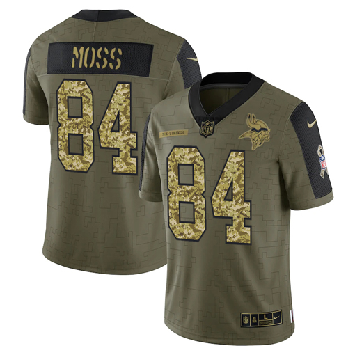 Men's Minnesota Vikings #84 Randy Moss 2021 Olive Camo Salute To Service Limited Stitched Jersey