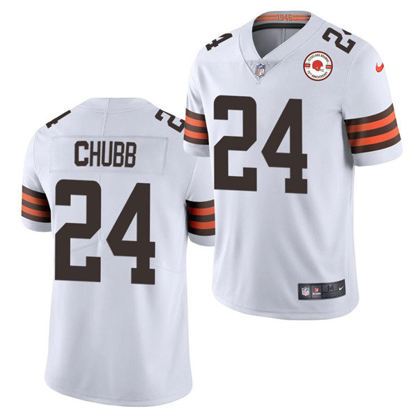 Men's Cleveland Browns #24 Nick Chubb 2021 White 75th Anniversary Patch Vapor Untouchable Limited Stitched NFL Jersey (Check description if you want Women or Youth size)