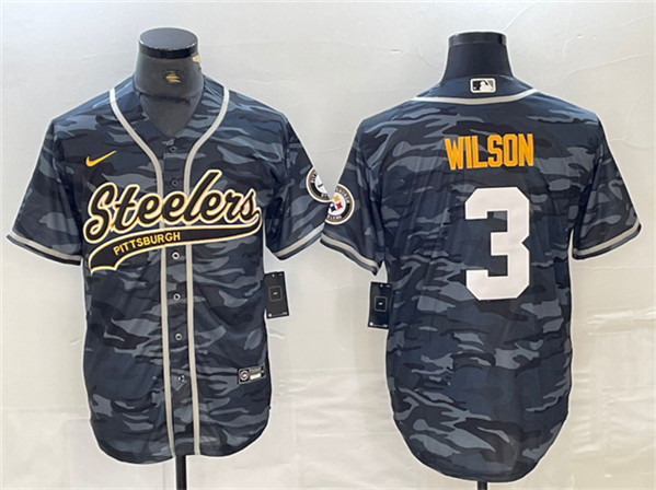 Men's Pittsburgh Steelers #3 Russell Wilson Gray Camo With Patch Cool Base Stitched Baseball Jersey