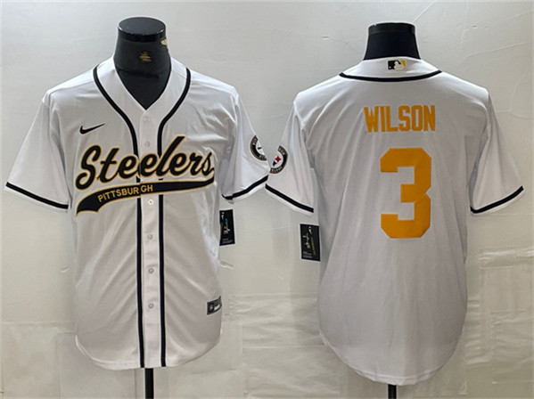 Men's Pittsburgh Steelers #3 Russell Wilson White Gold With Patch Cool Base Stitched Baseball Jersey