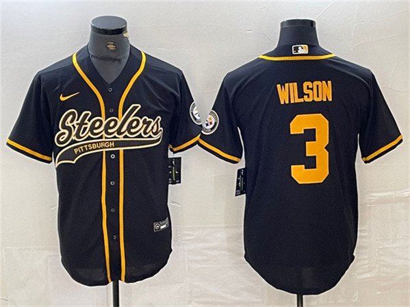 Men's Pittsburgh Steelers #3 Russell Wilson Black Gold With Patch Cool Base Stitched Baseball Jersey