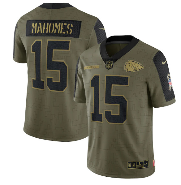 Men's Kansas City Chiefs #15 Patrick Mahomes 2021 Olive Salute To Service Limited Stitched Jersey