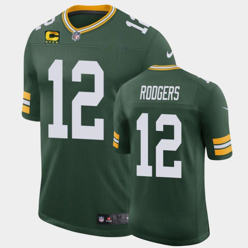 Men's Green Bay Packers #12 Aaron Rodgers Green with C Patch Classic Stitched Jersey