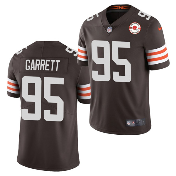 Men's Cleveland Browns #95 Myles Garrett 2021 Brown 75th Anniversary Patch Vapor Untouchable Limited Stitched NFL Jersey (Check description if you want Women or Youth size)