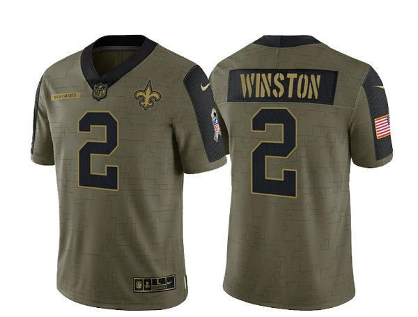 Men's New Orleans Saints #2 Jameis Winston 2021 Olive Salute To Service Limited Stitched Jersey