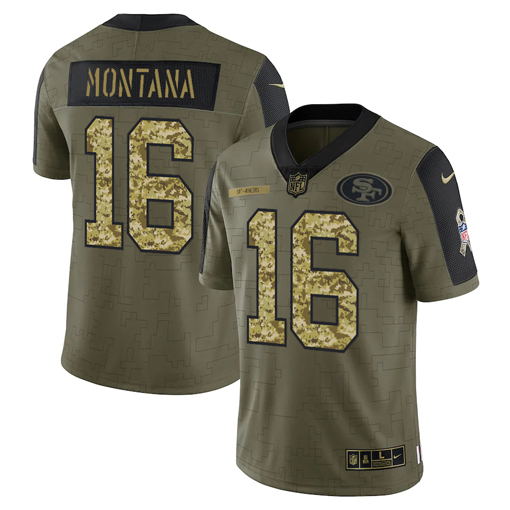 Men's San Francisco 49ers #16 Joe Montana 2021 Olive Camo Salute To Service Limited Stitched Jersey