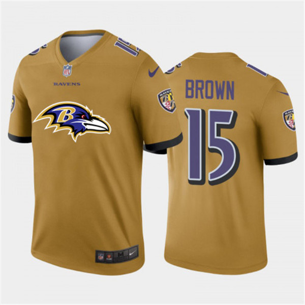 Men's Baltimore Ravens #15 Marquise Brown II Gold 2020 Team Big Logo Inverted Legend Stitched Jersey