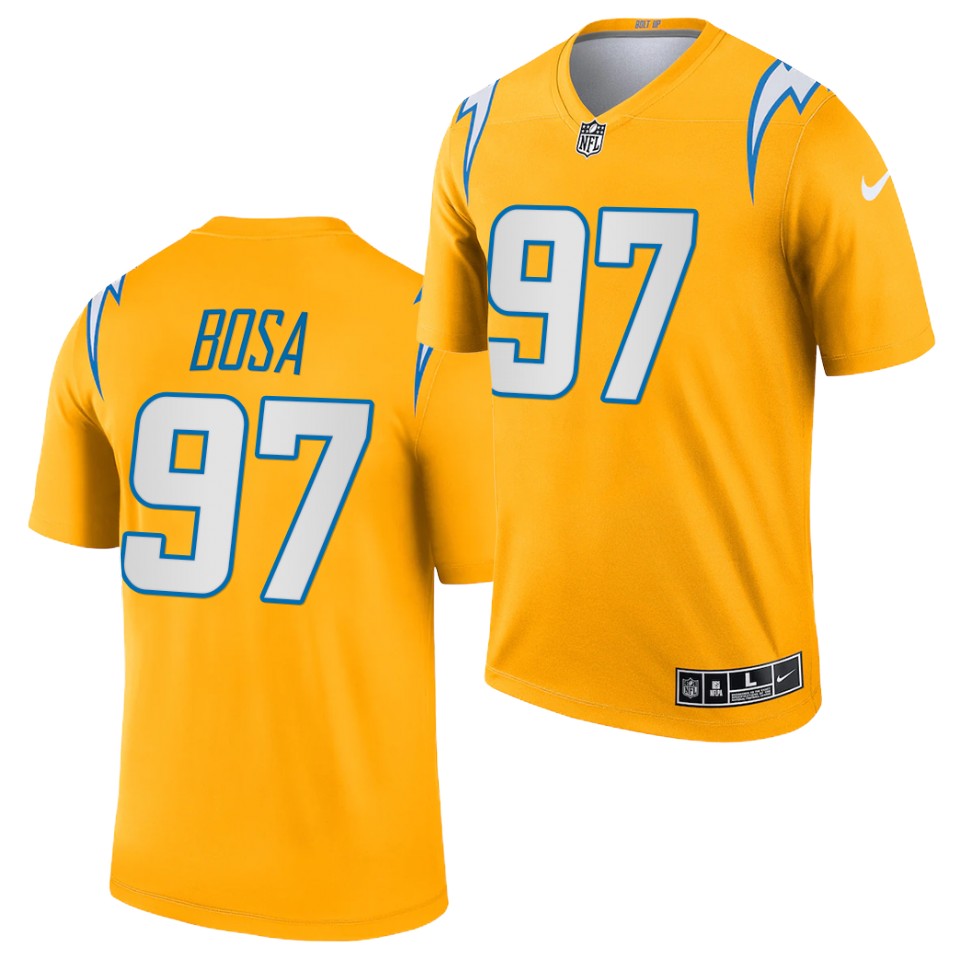 Men's Los Angeles Chargers #97 Joey Bosa Gold 2021 Inverted Legend Stitched Jersey.