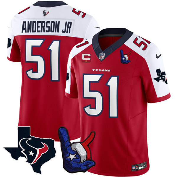 Men's Houston Texans #51 Will Anderson Jr. White/Red 2023 F.U.S.E. With 1-Star C And Hand Sign Throwing Up The H Patch Vapor Untouchable Limited Football Stitched Jersey