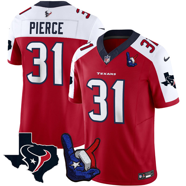 Men's Houston Texans #31 Dameon Pierce White/Red 2023 F.U.S.E. With 1-Star C And Hand Sign Throwing Up The H Patch Vapor Untouchable Limited Football Stitched Jersey