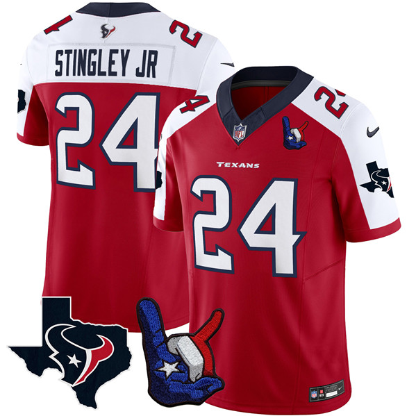 Men's Houston Texans #24 Derek Stingley Jr. White/Red 2023 F.U.S.E. With 1-Star C And Hand Sign Throwing Up The H Patch Vapor Untouchable Limited Football Stitched Jersey