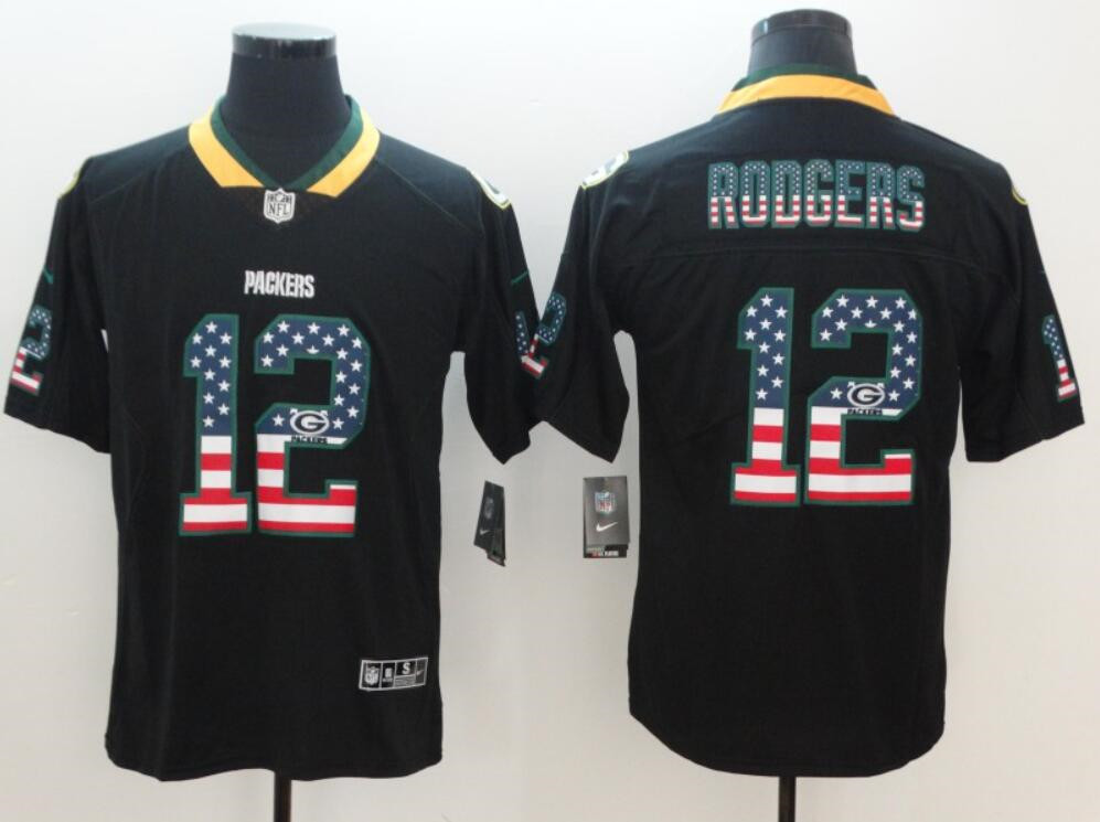 Men's Green Bay Packers #12 Aaron Rodgers Black 2018 USA Flag Color Rush Limited Fashion Stitched Jersey