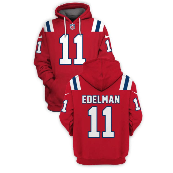 Men's New England Patriots #11 Julian Edelman 2021 Red Pullover Hoodie