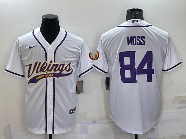 Men's Minnesota Vikings #84 Randy Moss White With Patch Cool Base Stitched Baseball Jersey