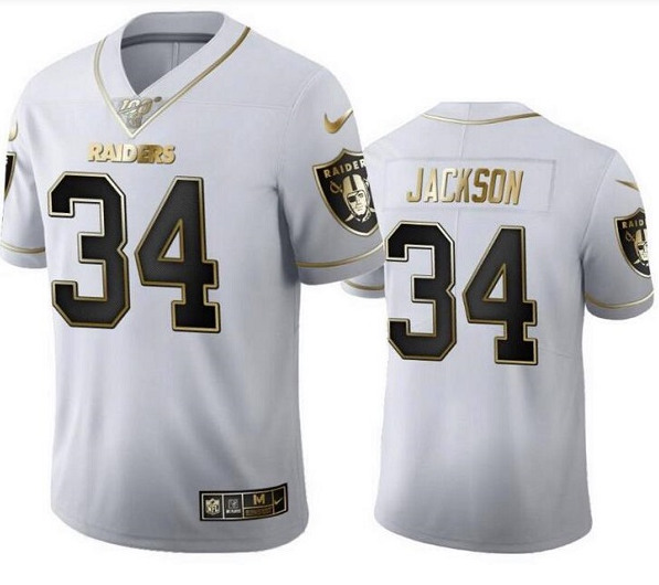 Men's Las Vegas Raiders #34 Bo Jackson White Golden Editon Limited Stitched Jersey