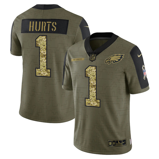 Men's Philadelphia Eagles #1 Jalen Hurts 2021 Olive Camo Salute To Service Limited Stitched Jersey