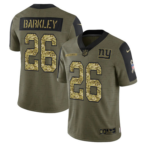 Men's New York Giants #26 Saquon Barkley 2021 Olive Camo Salute To Service Limited Stitched Jersey