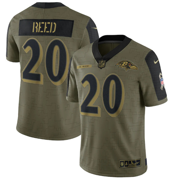 Men's Baltimore Ravens #20 Ed Reed 2021 Olive Salute To Service Limited Stitched Jersey