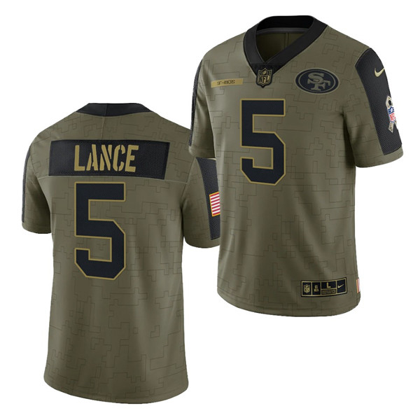 Men's San Francisco 49ers #5 Trey Lance 2021 Olive Salute To Service Limited Stitched Jersey