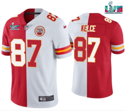 Men’s Kansas City Chiefs #87 Travis Kelce Red & White Split Super Bowl LVII Patch Limited Stitched Jersey