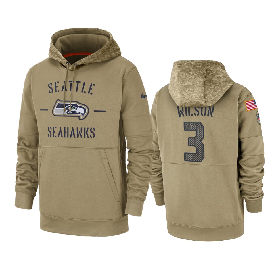 Men's Seattle Seahawks #3 Russell Wilson Tan 2019 Salute to Service Sideline Therma Pullover Hoodie