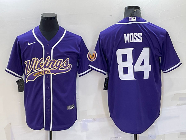 Men's Minnesota Vikings #84 Randy Moss Purple With Patch Cool Base Stitched Baseball Jersey
