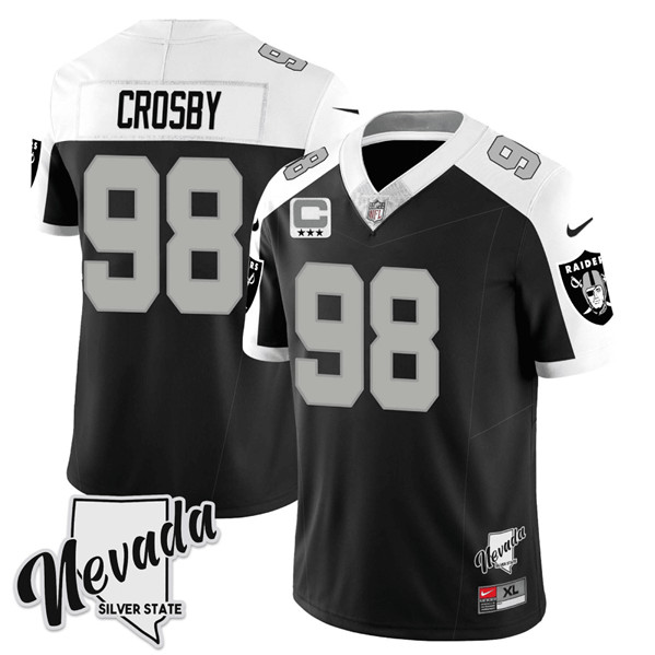 Men's Las Vegas Raiders #98 Maxx Crosby Black/White 2023 F.U.S.E Nevada Silver Stat With 3-Star C patch Football Stitched Jersey