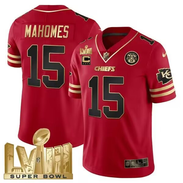 Men's Kansas City Chiefs #15 Patrick Mahomes Red With Gold Super Bowl LVIII Patch And 4-Star C Patch Vapor Untouchable Limited Football Stitched Jersey