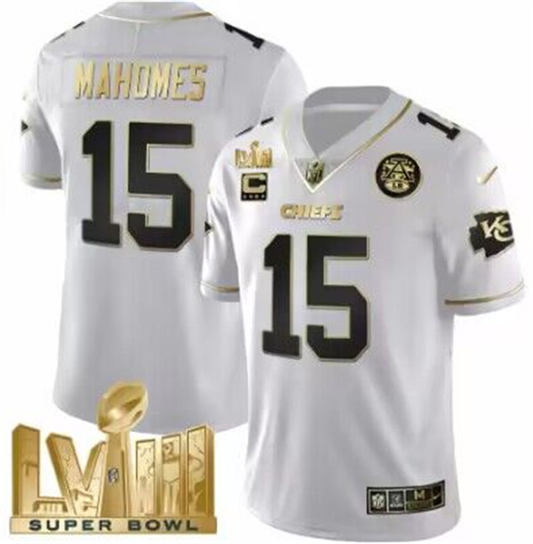 Men's Kansas City Chiefs #15 Patrick Mahomes White With Gold Super Bowl LVIII Patch And 4-Star C Patch Vapor Untouchable Limited Football Stitched Jersey
