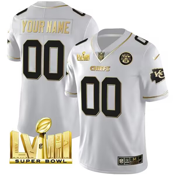 Men's Kansas City Chiefs Active Player Custom White With Gold Super Bowl LVIII Patch Vapor Untouchable Limited Football Stitched Jersey