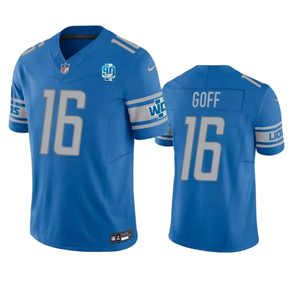 Men's Detroit Lions #16 Jared Goff Blue 2023 F.U.S.E. 90th Anniversary Patch Vapor Untouchable Limited Stitched Jersey