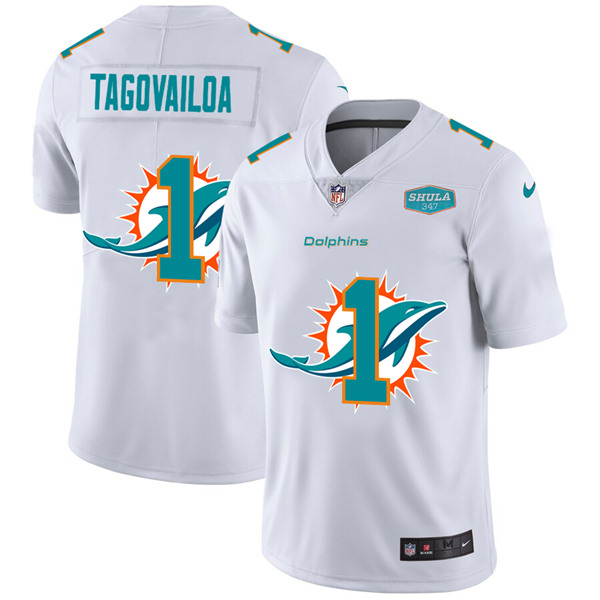 Men's Miami Dolphins #1 Tua Tagovailoa White With 347 Shula Patch 2020 Shadow Logo Limited Stitched NFL Jersey