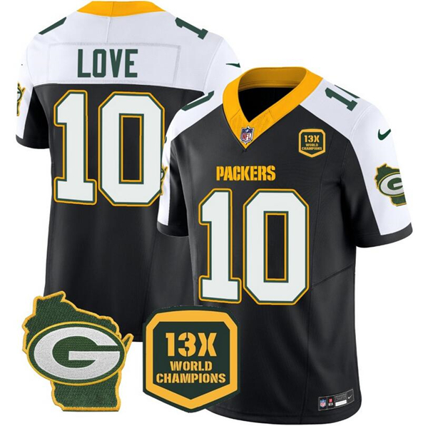 Men's Green Bay Packers Customized Black/White 2023 F.U.S.E. Home Patch 13 Time World Champions Vapor Untouchable Limited Football Stitched Jersey