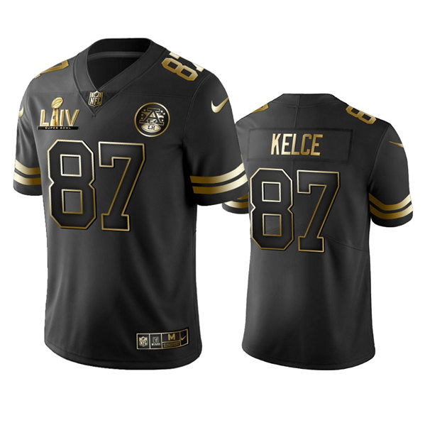 Men's Kansas City Chiefs #87 Travis Kelce Black Golden Super Bowl LIV Vapor Limited Stitched Jersey