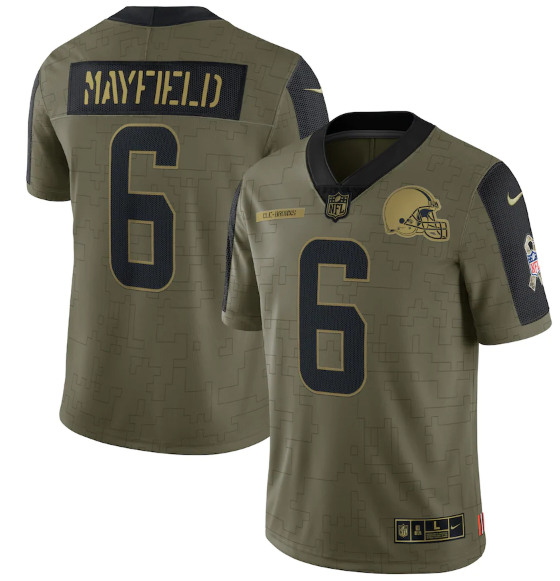 Men's Cleveland Browns #6 Baker Mayfield 2021 Olive Salute To Service Limited Stitched Jersey