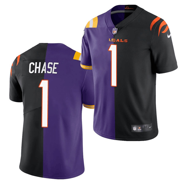 Men's Cincinnati Bengals #1 Ja'Marr Chase 2021 Black/Purple Split Stitched NFL Jersey