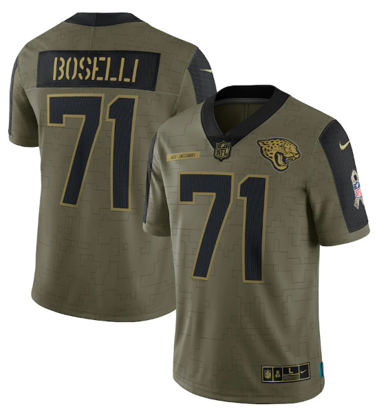Men's Jacksonville Jaguars #71 Tony Boselli 2021 Olive Salute To Service Limited Stitched Jersey