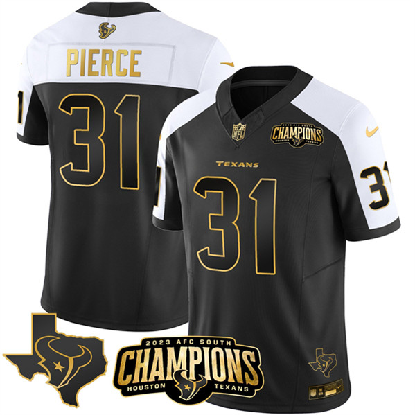 Men's Houston Texans #31 Dameon Pierce Black/White Golden 2023 F.U.S.E. With AFC South Champions Patch And Team Logo Patch Limited Football Stitched Jersey