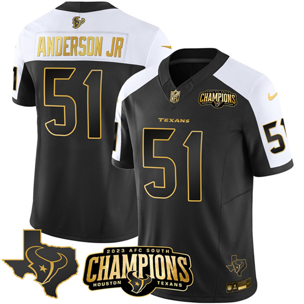 Men's Houston Texans #51 Will Anderson Jr. Black/White Golden 2023 F.U.S.E. With AFC South Champions Patch And Team Logo Patch Limited Football Stitched Jersey