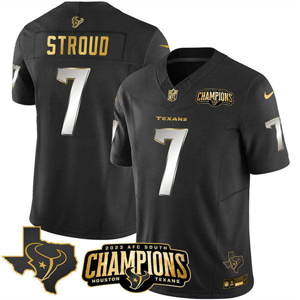 Men's Houston Texans #7 C.J. Stroud Black Golden 2023 F.U.S.E. With AFC South Champions Patch And Team Logo Patch Limited Football Stitched Jersey