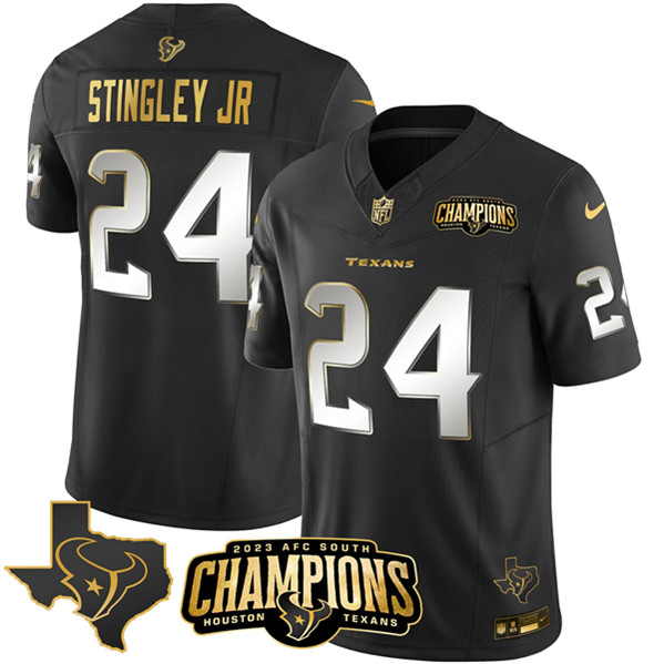 Men's Houston Texans #24 Derek Stingley Jr. Black Golden 2023 F.U.S.E. With AFC South Champions Patch And Team Logo Patch Limited Football Stitched Jersey
