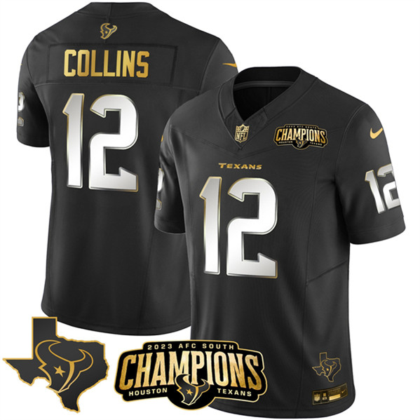 Men's Houston Texans #12 Nico Collins Black Golden 2023 F.U.S.E. With AFC South Champions Patch And Team Logo Patch Limited Football Stitched Jersey