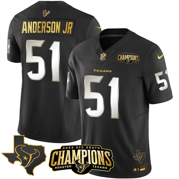 Men's Houston Texans #51 Will Anderson Jr. Black Golden 2023 F.U.S.E. With AFC South Champions Patch And Team Logo Patch Limited Football Stitched Jersey