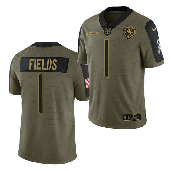 Men's Chicago Bears #1 Justin Fields 2021 Olive Salute To Service Limited Stitched Jersey